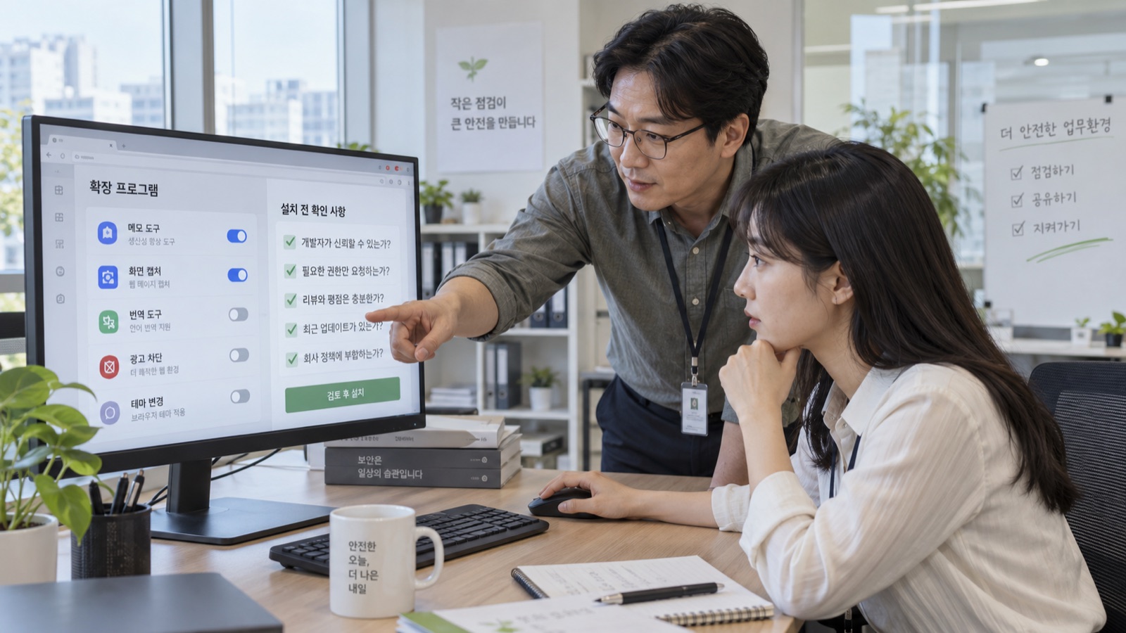 IT 담당자와 직원이 업무용 브라우저 확장 프로그램의 승인 상태를 확인하는 모습