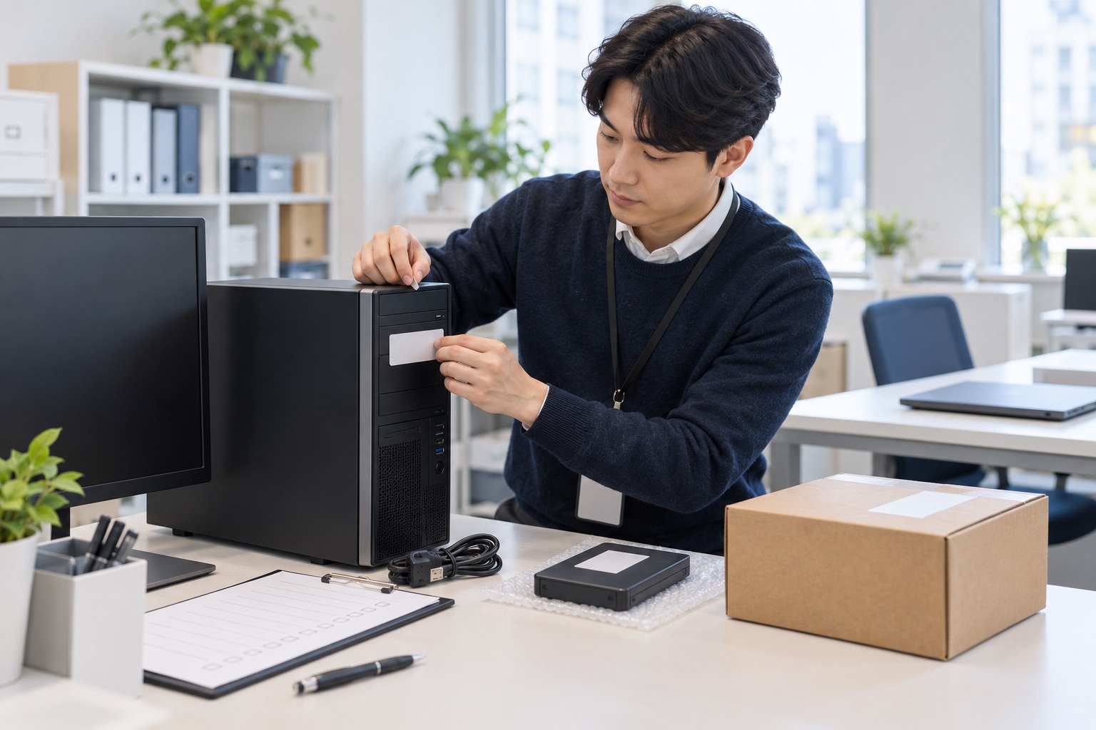 사무실 관리자가 교체 예정인 데스크톱 PC와 외장 저장장치의 인계 목록을 확인하는 모습