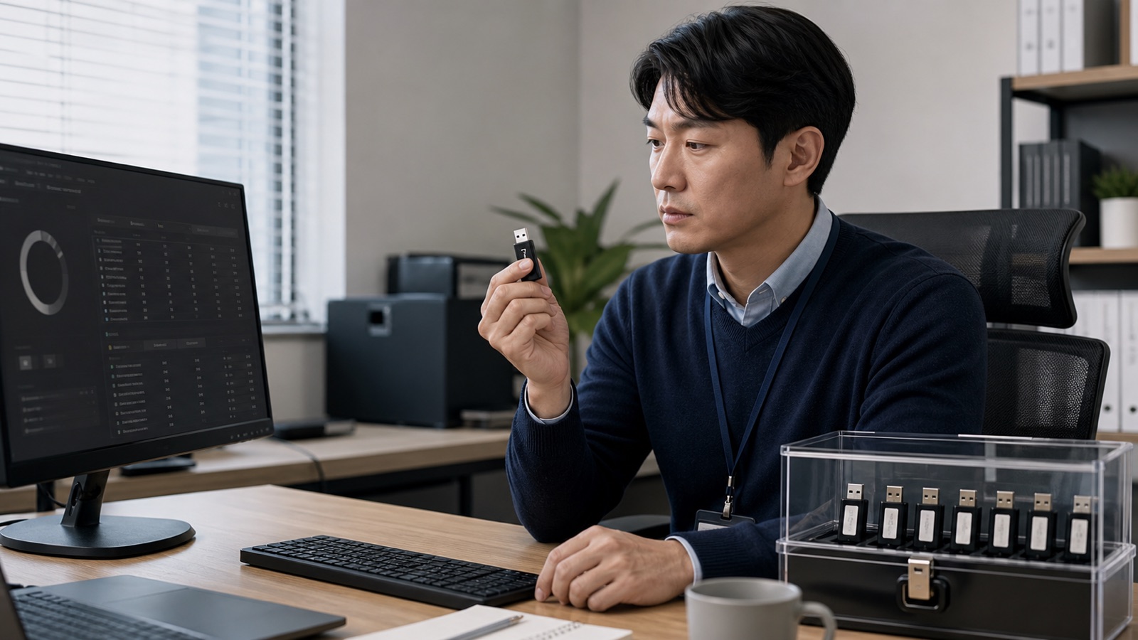 사무실 보안 담당자가 등록된 업무용 USB와 잠금 보관함을 점검하는 모습