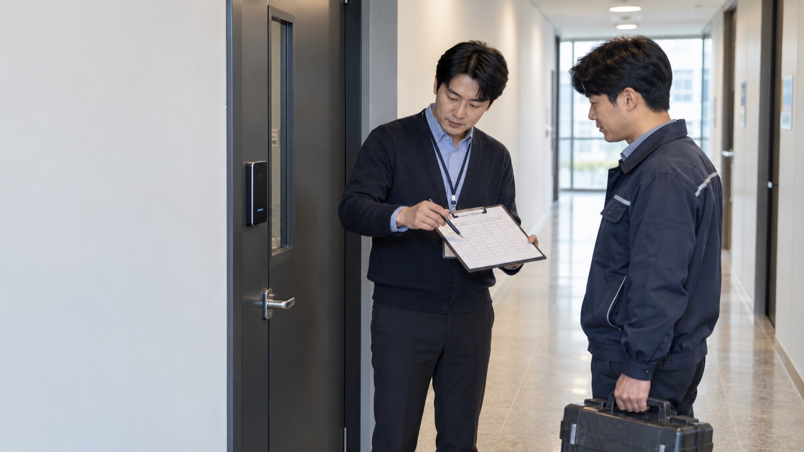 사무실 출입문 앞에서 시설 담당자와 협력사 작업자가 작업 시간표를 함께 확인하는 모습