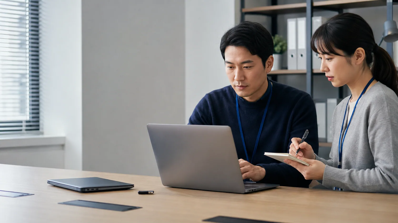 업무 담당자와 IT 관리자가 노트북의 저장장치 암호화와 자산 정보를 점검하는 모습