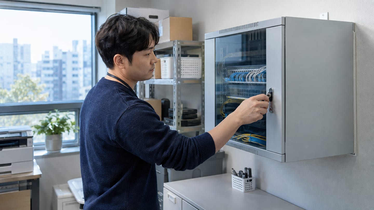 사무실 담당자가 벽에 설치된 통신함의 문과 열쇠 잠금 상태를 점검하는 모습