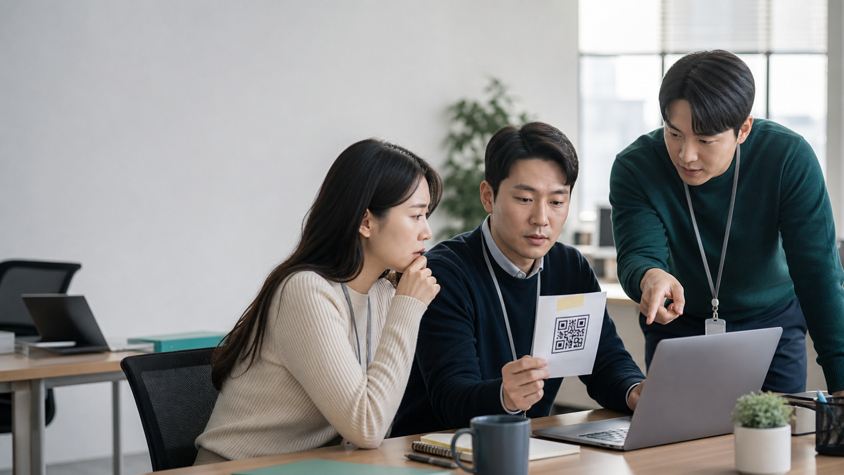 직원들이 업무용 인쇄물의 의심스러운 QR코드를 스캔하기 전에 출처와 연결 주소를 확인하는 모습