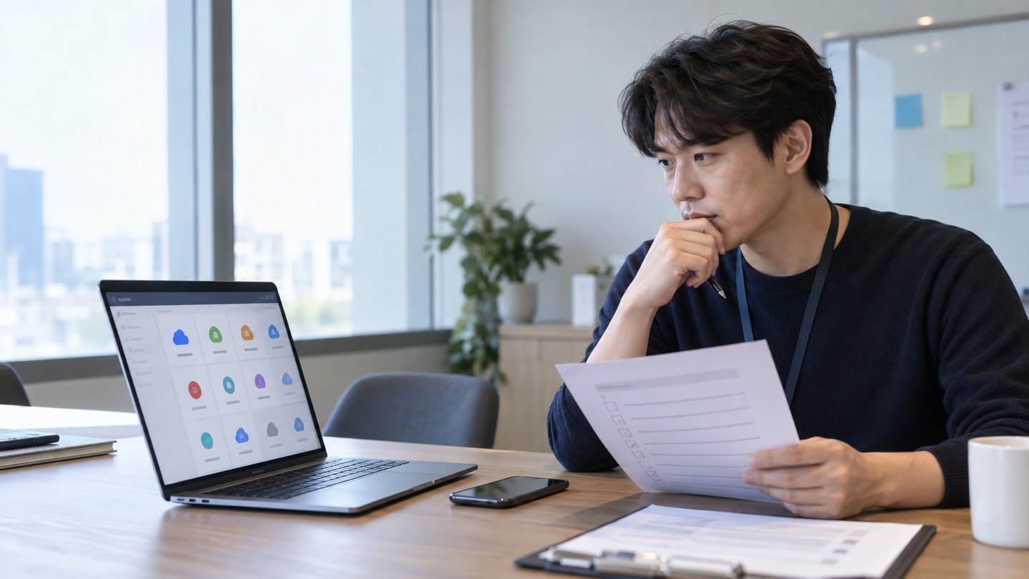 IT 담당자가 업무에 사용 중인 클라우드 소프트웨어 목록과 승인 점검표를 대조하는 모습