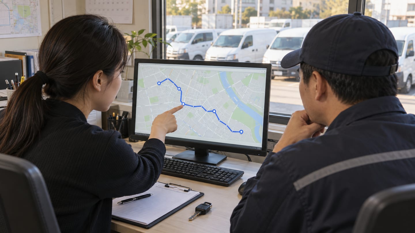 배차 담당자와 운전자가 화면의 운행경로를 함께 확인합니다 참고 이미지